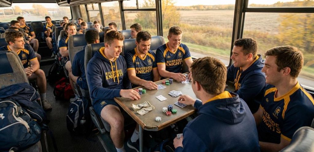 Idrottare som spelar poker på buss som exempel på spel om pengar inom idrott