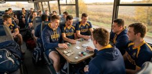 Idrottare som spelar poker på buss som exempel på spel om pengar inom idrott