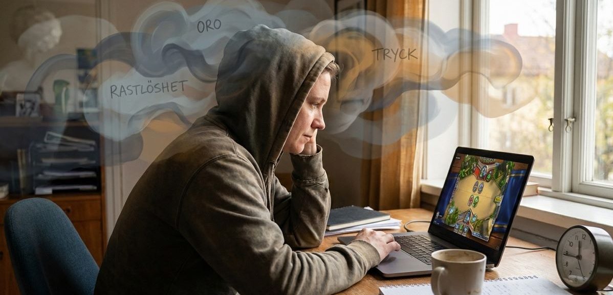 Kvinna insjunken i dator som använder spel för att hantera känslor